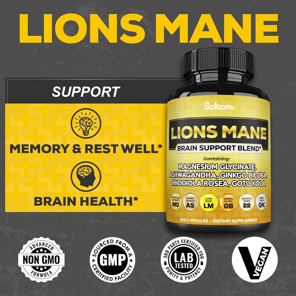 Lions Mane Supplement Capsules with Magnesium with Ashwagandha Root, Ginkgo Biloba, Rhodiola Rosea and Gotu Kola - 210 Vegan Capsules - Support Brain Health, Positive Mood & Energy Production 3