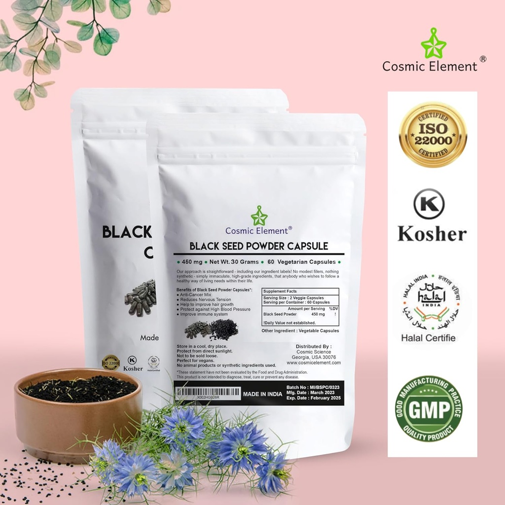 Cosmic Element 100% Pure Black Seed Powder Capsules Organic - Vegan Nigella Sativa 450mg Black Cumin Seeds per Serving- for Health - 60 Capsules 4