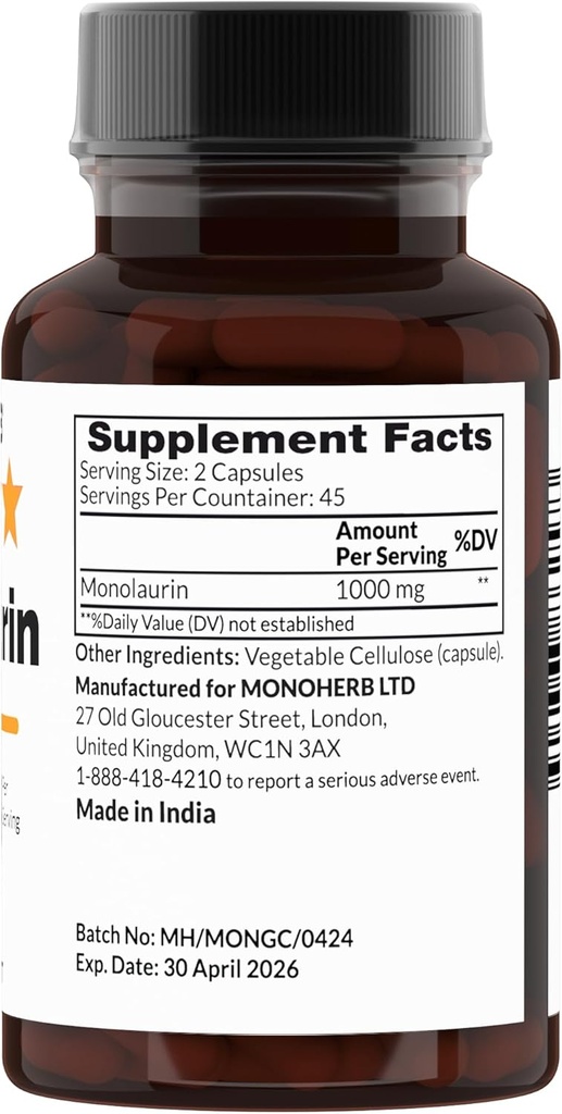 Monolaurin 1000 mg per Capsule - 90 Veg Capsules | Serving Size 2 Capsules: 1000 mg - 45 Servings 3