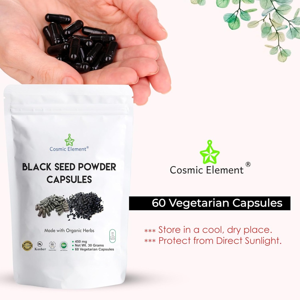 Cosmic Element 100% Pure Black Seed Powder Capsules Organic - Vegan Nigella Sativa 450mg Black Cumin Seeds per Serving- for Health - 60 Capsules 6