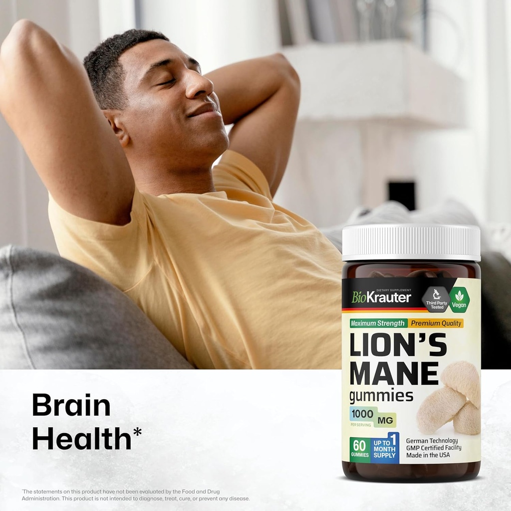 BIO KRAUTER Lions Mane Gummies for Adults - 1000 mg Strength - 60 Vegan Mushroom Supplement Chews - Lions Mane Supplement for Brain - Gelatine-Free 3