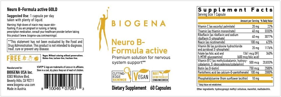 Biogena Vitamin B Complex Capsules with All 8 b-Vitamins B1, B2, B6, B12, folate, niacin, biotin and pantothenic Acid to Support Psyche & Nervous System** - Neuro B-Formula Active Gold 3