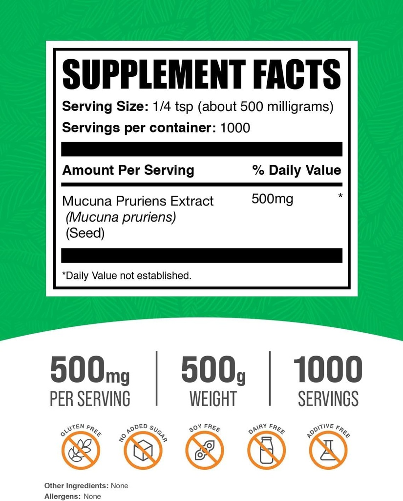 BulkSupplements.com Mucuna Pruriens Extract Powder - Mucuna Pruriens Supplements, Herbal Supplement - Vegan & Gluten Free, 500mg per Serving, 500g (1.1 lbs) (Pack of 1) 3