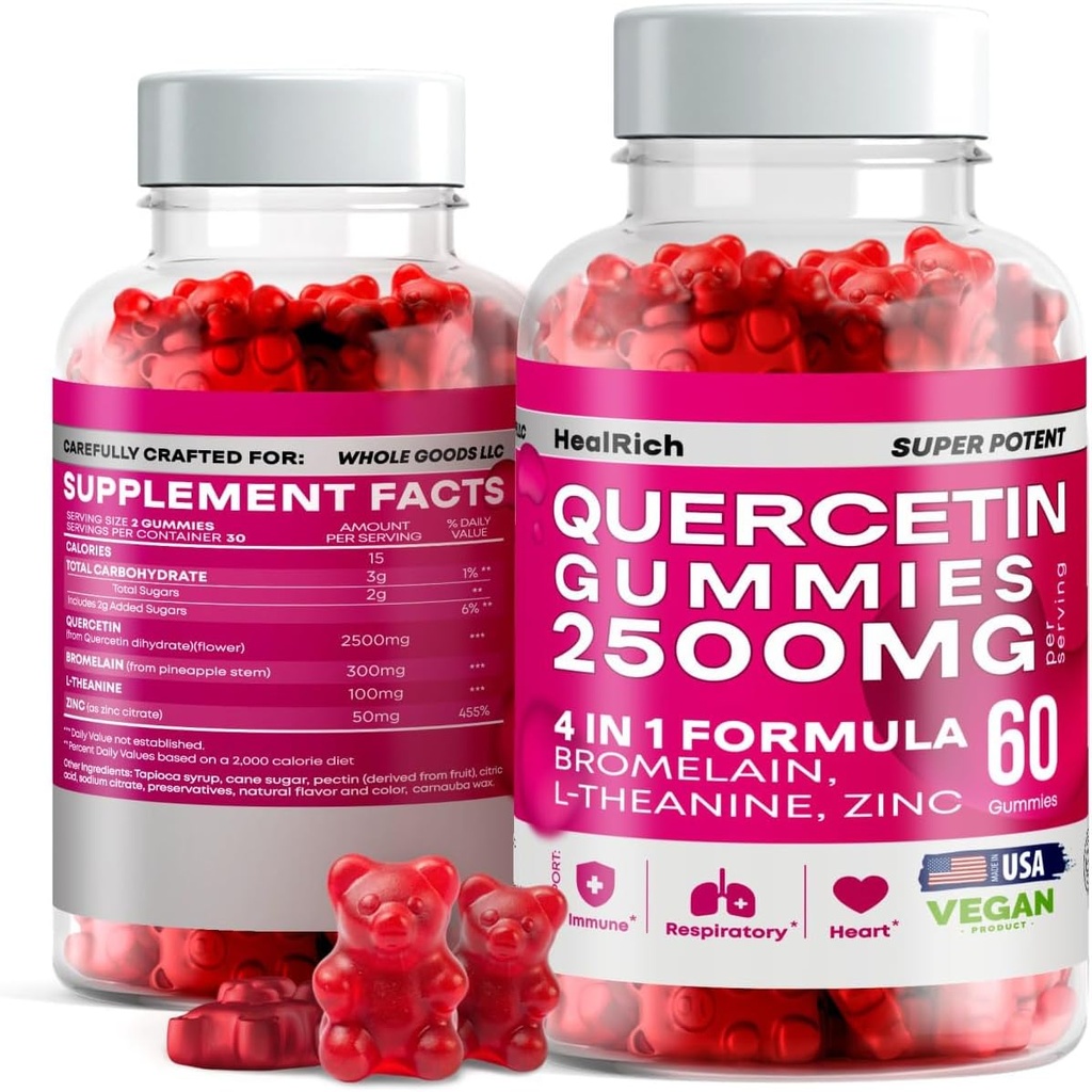 Quercetin Gummies - 2500MG Quercetin with Bromelain L-theanine & Zinc - Pure Supplement for Immune System Lung and Allergy Support - Immunity Booster Vegan Supplements for Kids & Adults - 2 Pack 2