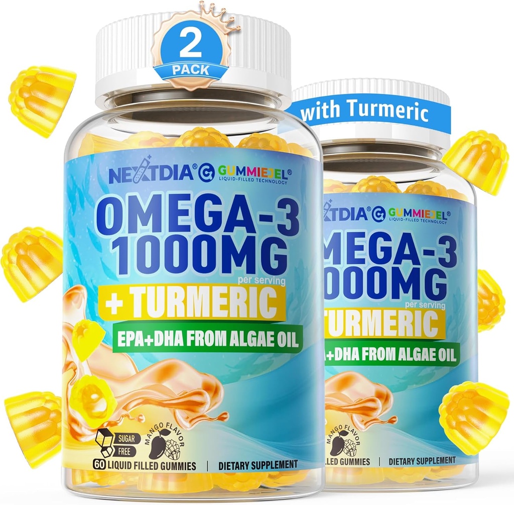Vegan Omega-3 Gummies 1000mg + Turmeric - Omega 3 Fish Oil Alternative for Adults - Algae DHA 600mg & EPA 300mg, Vitamins A, C, E, Zinc & MSM, Sugar Free, 120 Cts 2