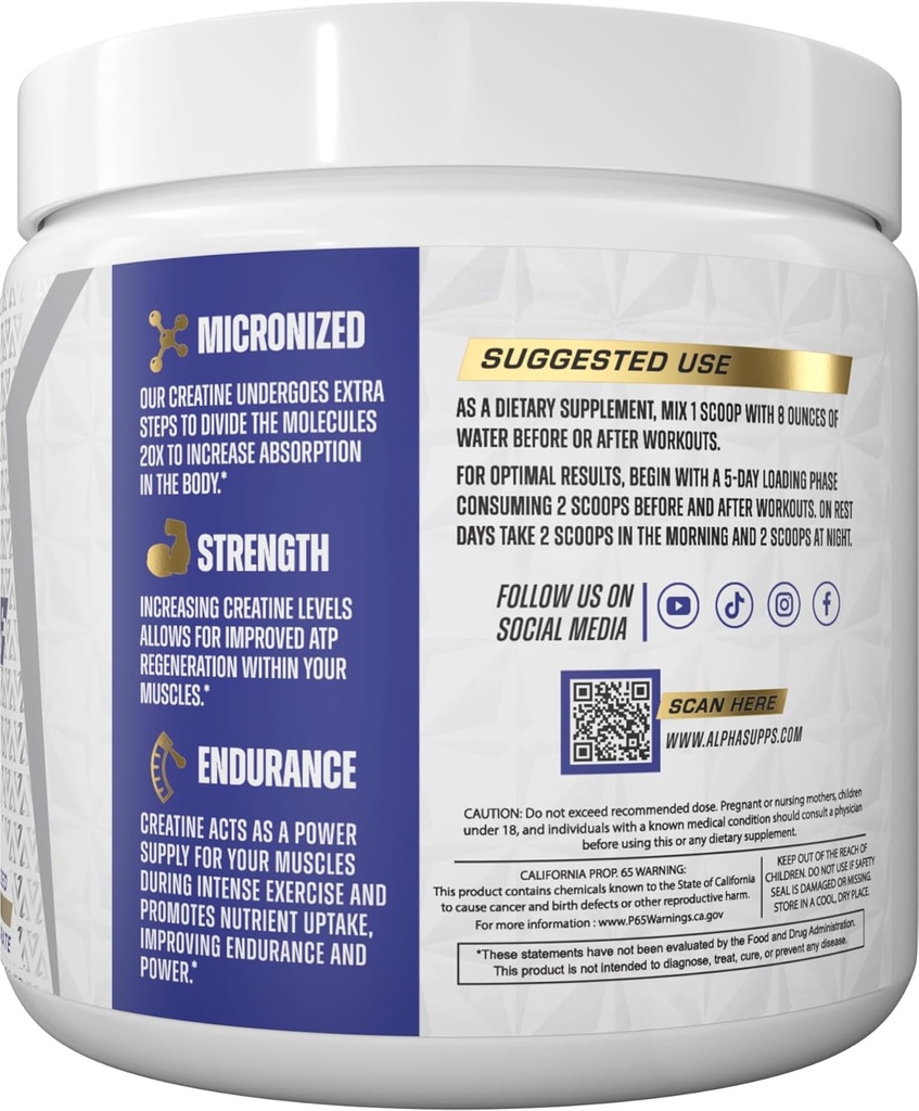 Alpha Supps - Alpha Creatine Monohydrate Powder Supports Muscle Growth | Micronized | Unflavored | 300 Grams - 60 Servings 4