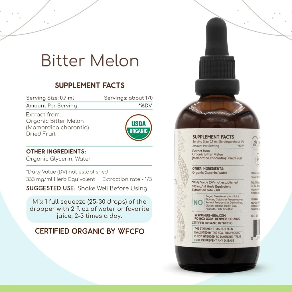 Bitter Melon B120 USDA Organic Tincture | Alcohol-Free Extract, High-Potency Herbal Drops | Certified Organic Bitter Melon (Momordica Charantia) Dried Fruit (4 fl oz) 3