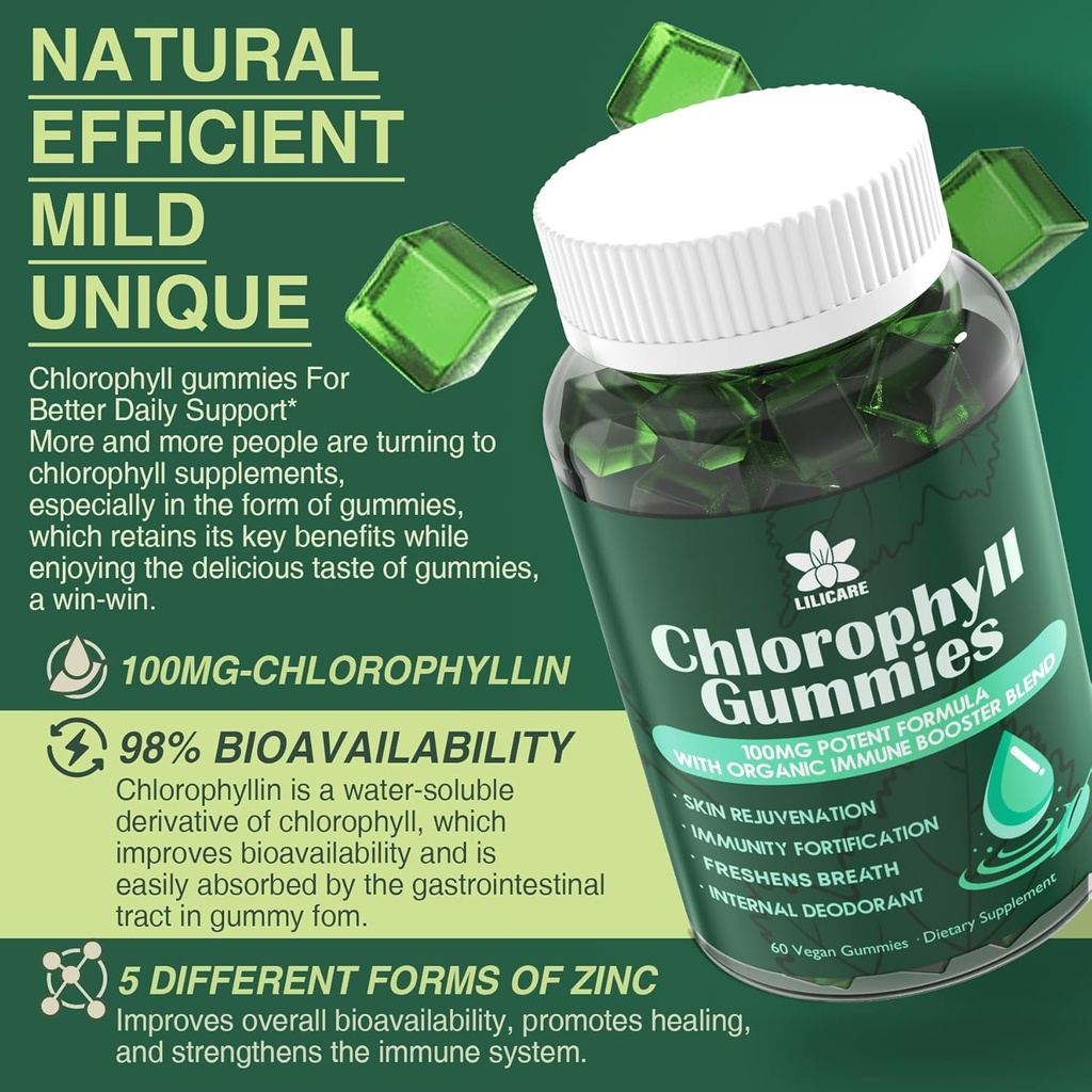 Chlorophyll Gummies - Super Green with Wheat Grass, Sea Moss, Unfiltered ACV & Elderberry, Echinacea, Zinc Complex & Vitamin D3, C, E, B12 for Natural Deodorant, Immune & Digestion Support, 60 Chews 4