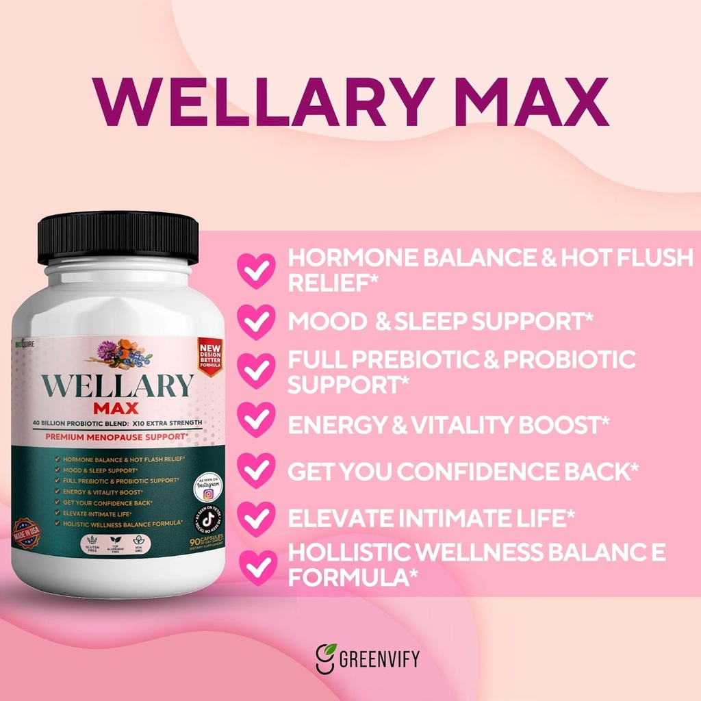 Wellary Max Menopause Support Supplement, 40 Billion CFU Probiotic Blend, 90 Capsules (1) 6