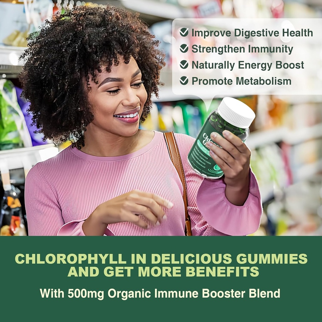 Chlorophyll Gummies - Super Green with Wheat Grass, Sea Moss, Unfiltered ACV & Elderberry, Echinacea, Zinc Complex & Vitamin D3, C, E, B12 for Natural Deodorant, Immune & Digestion Support, 60 Chews 6