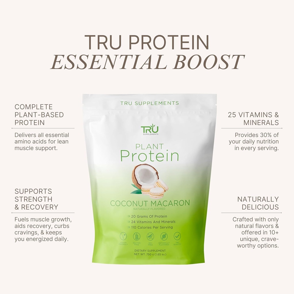 TRU Supplements Plant Based Protein Powder, BCAA, EAA, 20g Vegan Brown Rice & Pea Protein, 100 Calories, 27 Vitamins, No Artificial Flavors 25 Servings (Coconut Macaron) 4