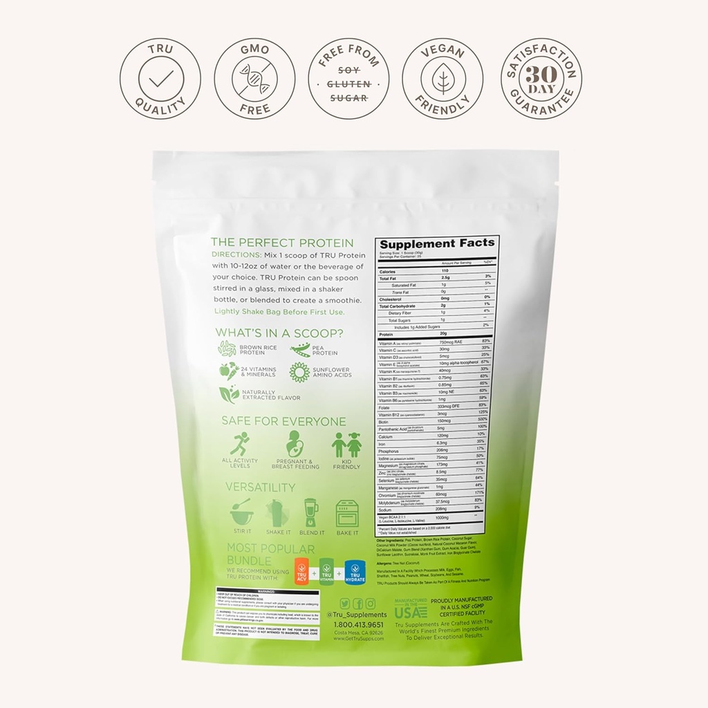 TRU Supplements Plant Based Protein Powder, BCAA, EAA, 20g Vegan Brown Rice & Pea Protein, 100 Calories, 27 Vitamins, No Artificial Flavors 25 Servings (Coconut Macaron) 5