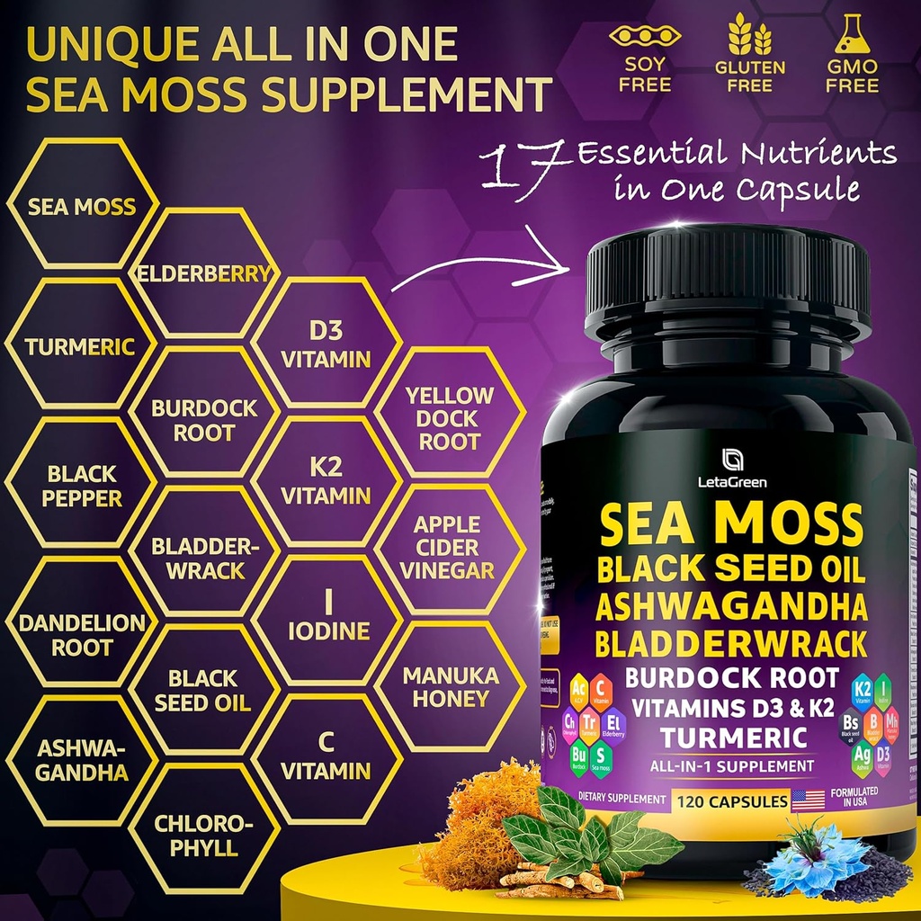 Sea Moss Capsules – 17-in-1 Blend with Black Seed Oil Ashwagandha Bladderwrack Burdock Root Turmeric Vitamin D3 K2 C for Daily Wellness – Multimineral Supplement for Men & Women – 240 Count 3