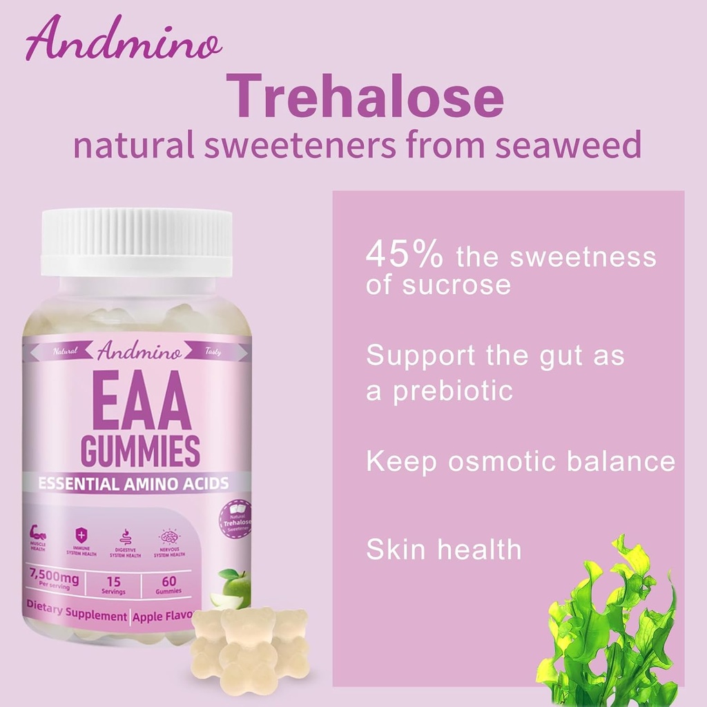 EAA Gummies 7500 mg, BCAA Gummies, Amino Acids Supplement for Muscle, Immune, Nervous & Digestive Health, for Adults & Kids, Non-GMO, Vegan, Gluten Free, Apple Flavor, 120 5