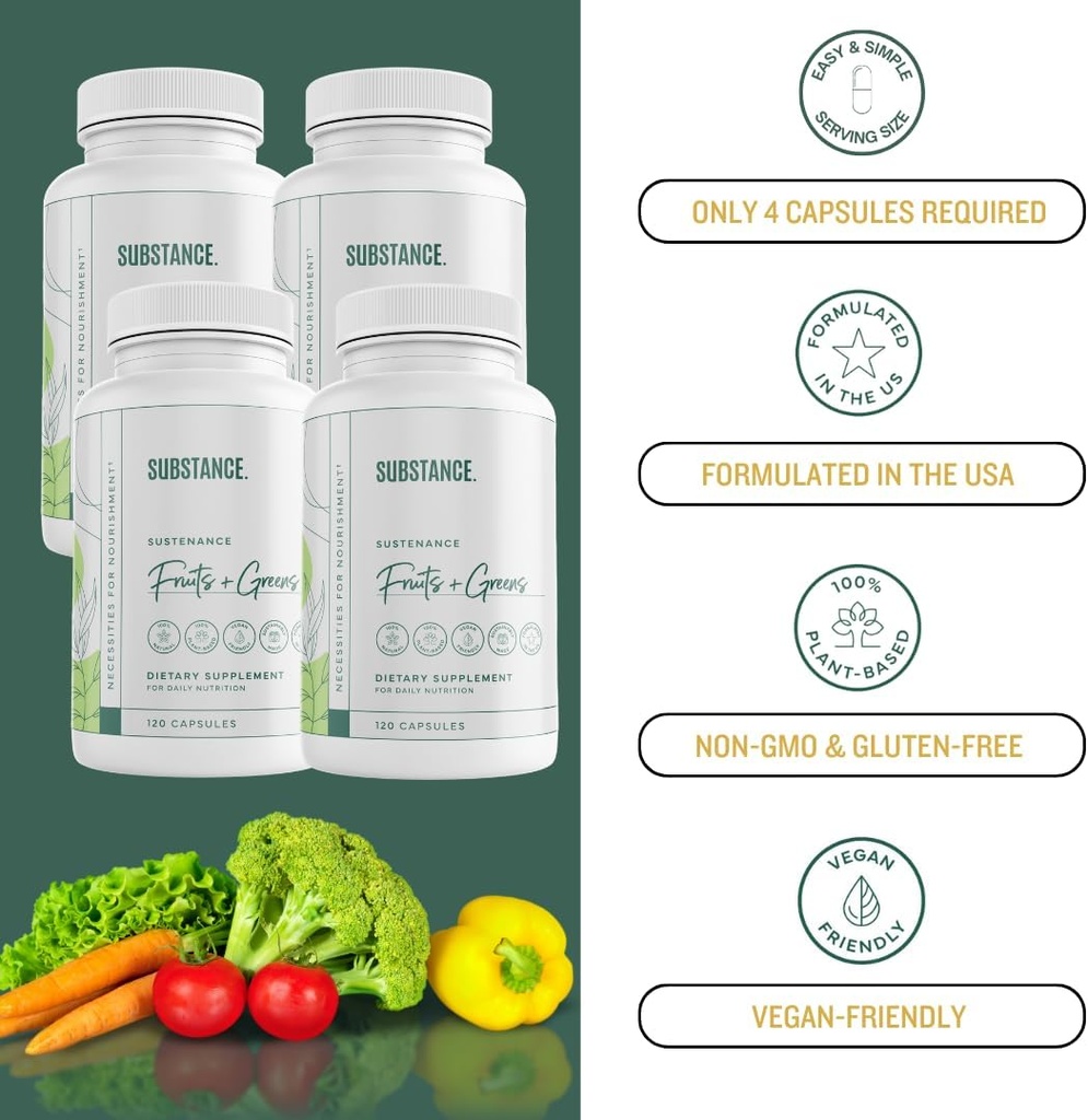 SUBSTANCE. 4-pck Nature's Sustenance Daily Greens, Daily Fruit and Veggies Supplement - Enhance Energy, Mental Clarity - Fruits and Vegetables Supplements - US Made, Vegan-Friendly - 120 Servings. 6