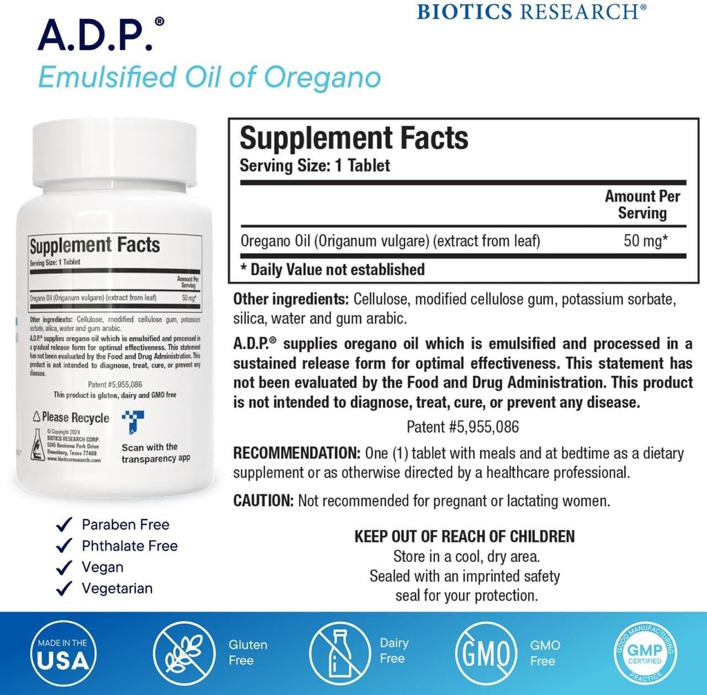 Biotics Research A.D.P. Emulsified Oil of Oregano Tablets for GI Health -Sustained Release for High Absorption Contains Carvacrol, Wild Oregano Oil 50mg/S - Patented Formula -Non GMO –60 Tablets 3