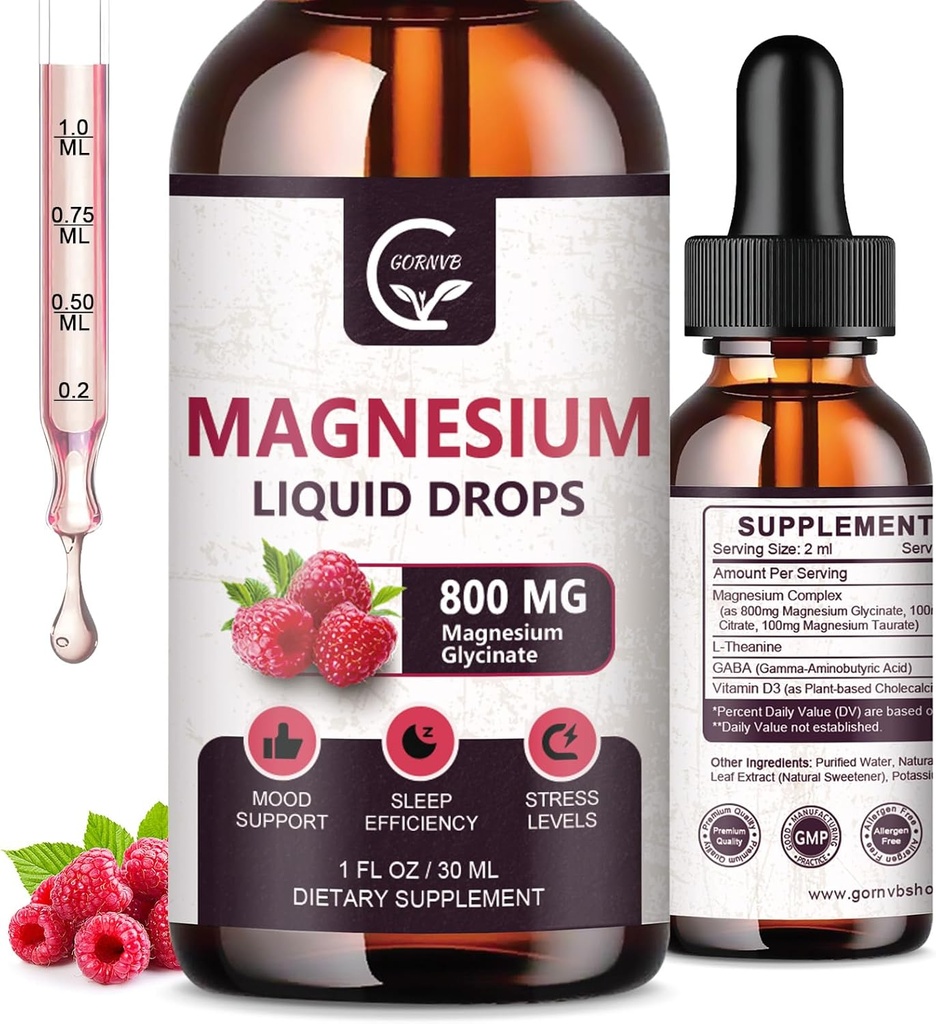 (2 Pack) Magnesium Glycinate Liquid Drops | 1000mg Liquid Magnesium Complex with D3, L-Thea & GABA for Energy, Sleep, Nerve and Heart Health, High Absorption, Raspberry Flavor 2