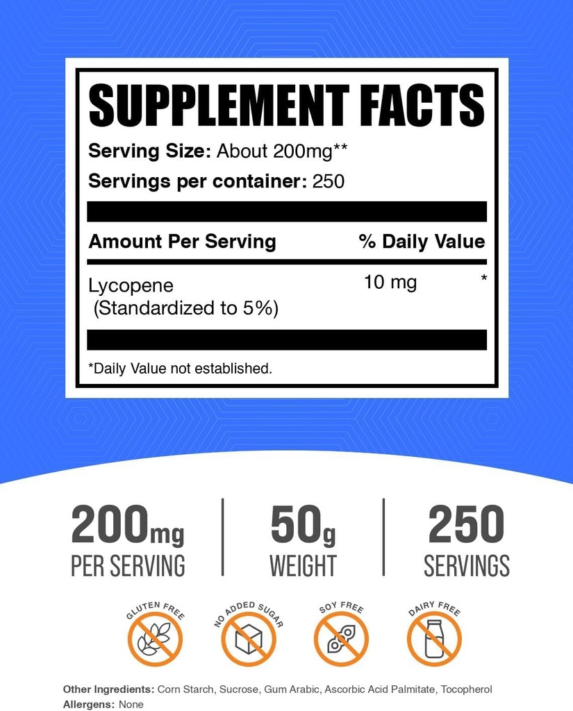 BulkSupplements.com Lycopene Powder - Lycopene Supplement, Lycopene 10mg - Antioxidants Supplement, Gluten Free, 200mg per Serving, 500g (1.1 lbs) (Pack of 1) 3