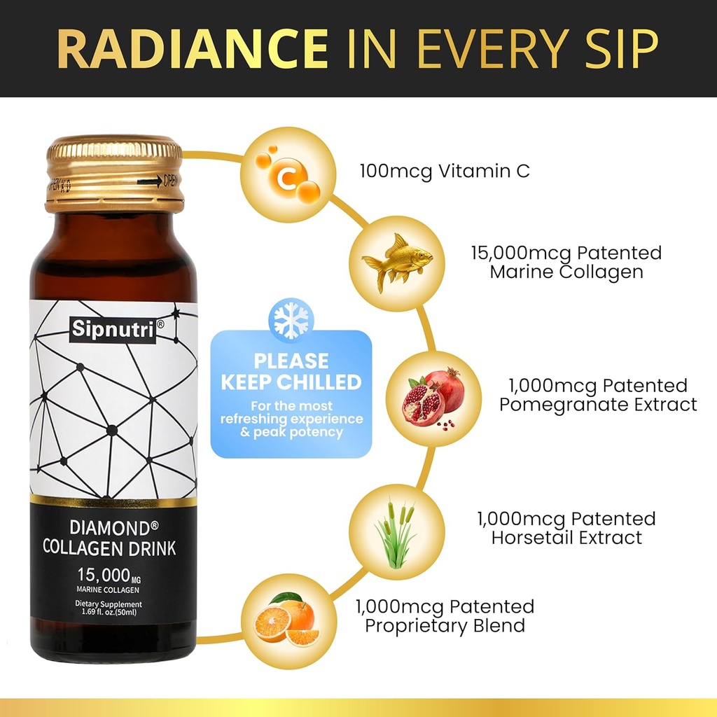 Diamond Liquid Collagen Drink, 15000 mg Hydrolyzed Marine Collagen Peptides with Vitamin C, Pomegranate, Healthy Hair Skin Nails Joints Bones Support, 50 ml x 10 Bottles 5