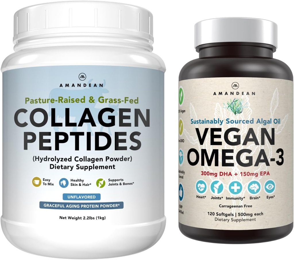 Healthy Skin & Joints Bundle - Premium Vegan Omega-3 (120 Capsules) from Marine Algae + Grass-Fed Collagen Peptides Powder (1kg - 100 Servings) Non-GMO. Radiant Skin, Joints, Bones & Graceful Aging 2