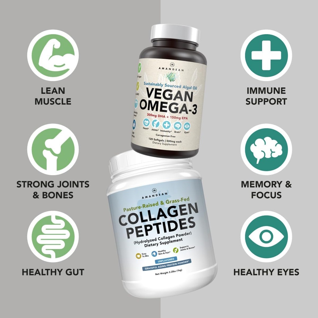 Healthy Skin & Joints Bundle - Premium Vegan Omega-3 (120 Capsules) from Marine Algae + Grass-Fed Collagen Peptides Powder (1kg - 100 Servings) Non-GMO. Radiant Skin, Joints, Bones & Graceful Aging 3