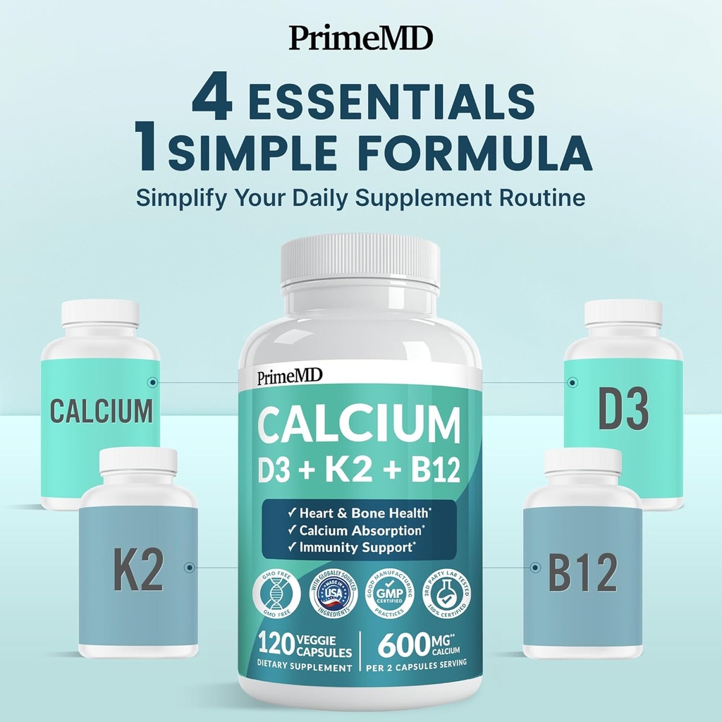4-in-1 Calcium Supplements for Women and Men - Calcium with Vitamin D3 K2 5000 IU Supplement, 601mg per Serving for Heart, Bones & Body Defenses - Gluten-Free, Vegan-Friendly (480 ct) 4