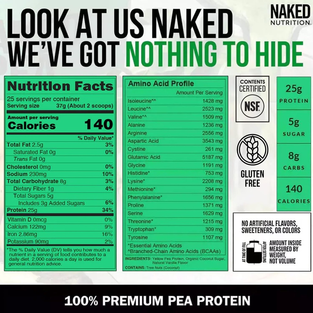 NAKED Vanilla Pea Protein Isolate from North American Farms, Only 3 Ingredients, Vanilla Vegan Protein, Gluten-Free, Soy Free, GMO Free - 2LB 5