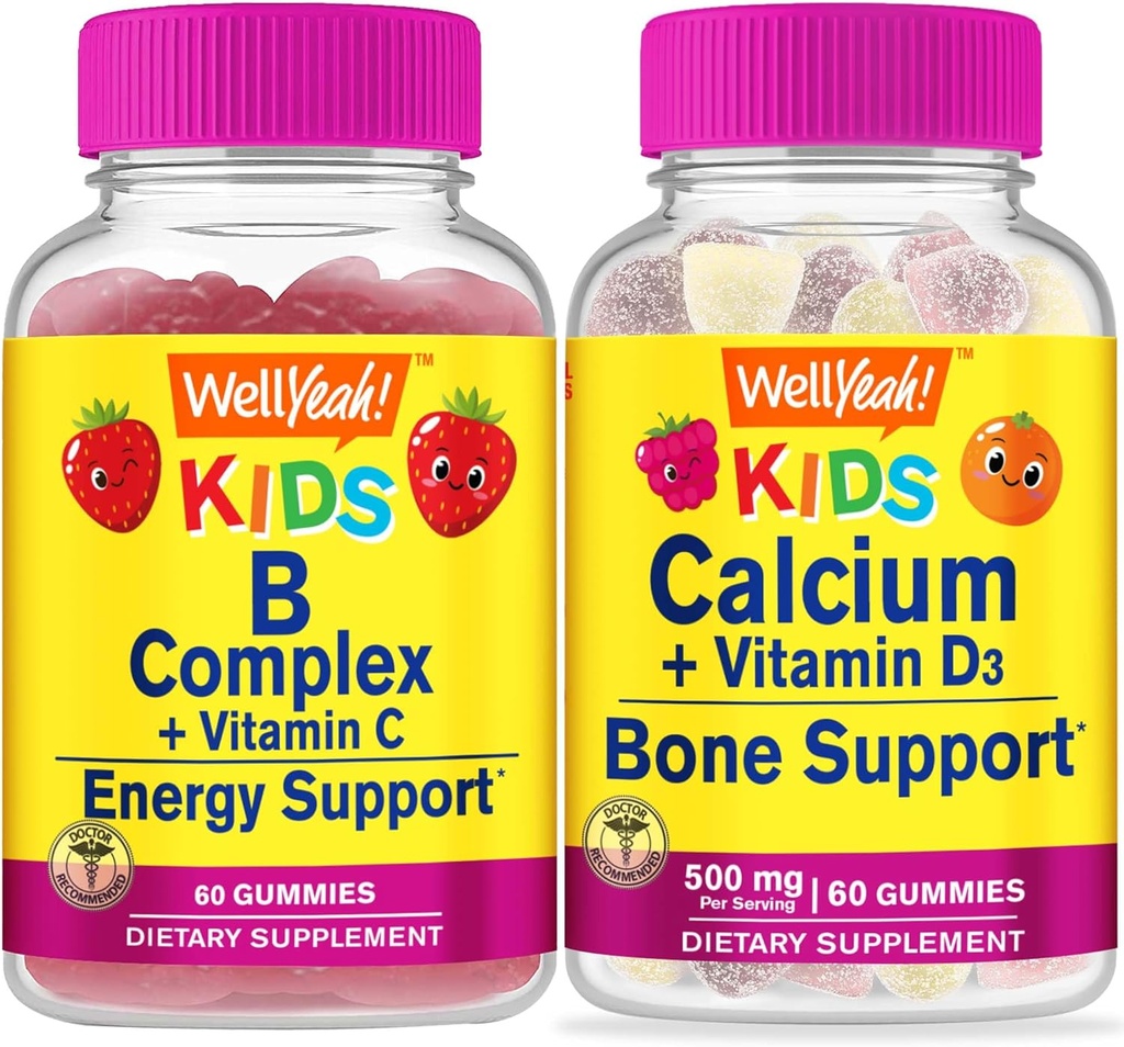 WellYeah B Complex Kids + Calcium + Vitamin D3 Kids, Gummies Bundle - Great Tasting, Vitamin Supplement, Gluten Free, GMO Free, Chewable Gummy 2