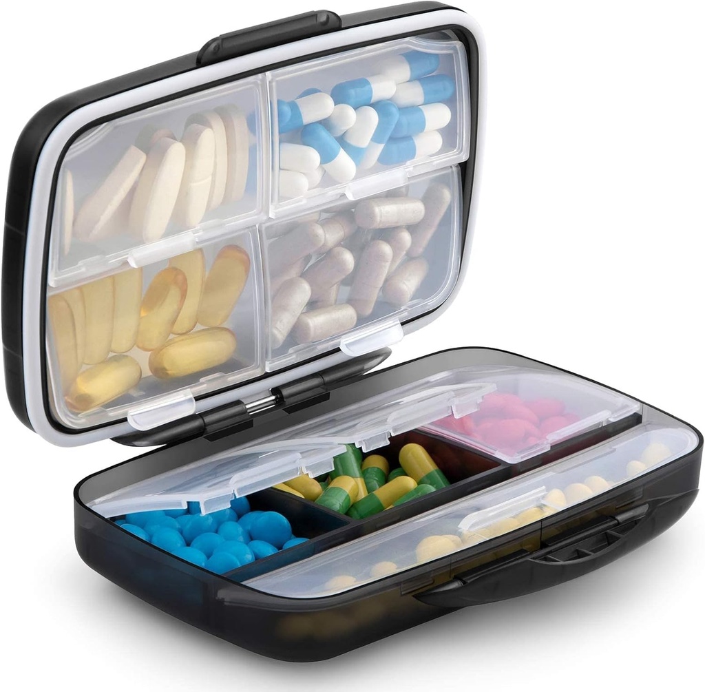Travel Pill Organizer Large Portable Medication Fullicon Oversize 8 Compartment Pill Box, Vitamin Travel Case Pill Holder - Airtight & Moistureproof (Black) 2