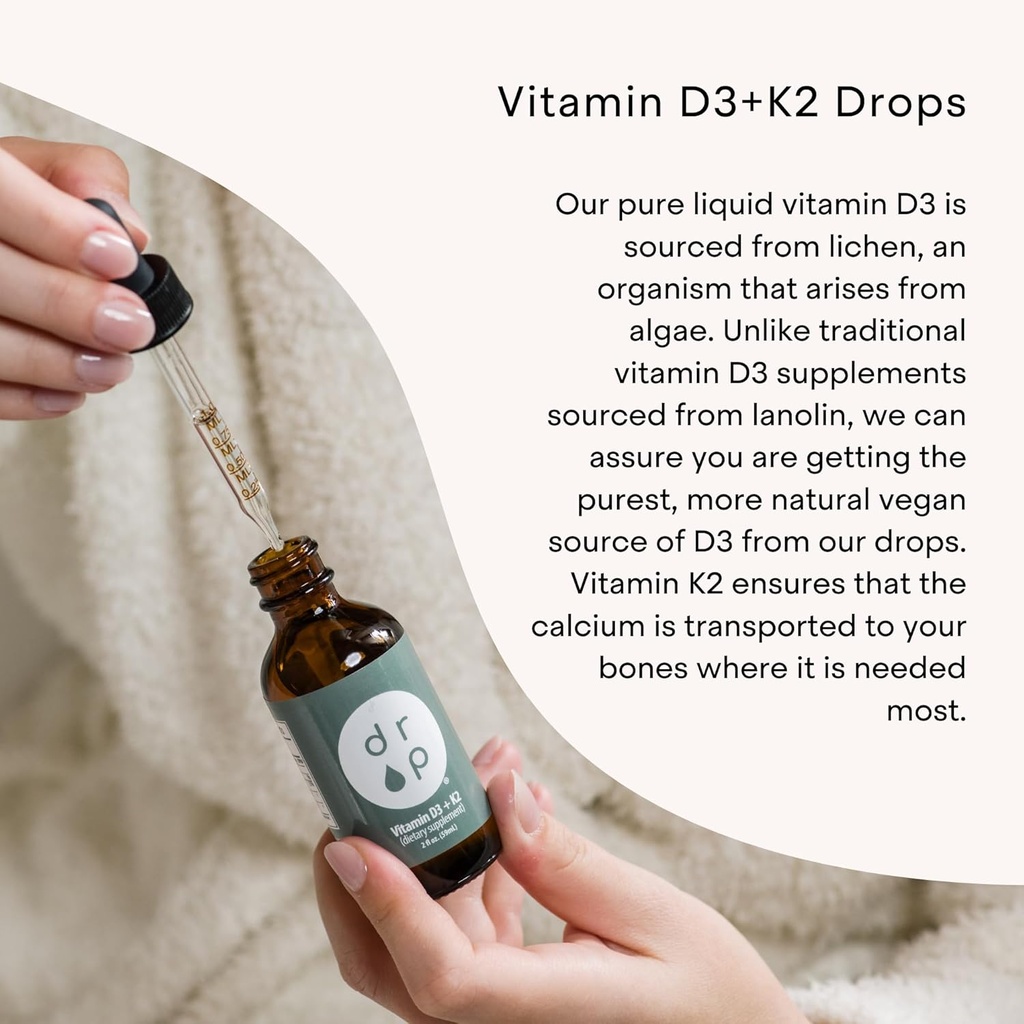 Vitamin D3 + K2 Drops with 1000 IU of Plant Based D3 and 45 mcg of K2, 2 oz Liquid Supplement for Bone Strength, Improved Mood - No Artificial Preservatives, Unflavored, with Coconut MCT Oil 5
