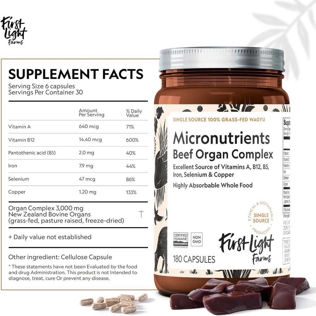 First Light Farms Freeze-Dried Wagyu Beef Organ Supplement Grass-Fed | 180 Capsules | Whole Food Nutrition with Liver, Heart, Kidney & Spleen | Beef Organ Complex, Certified Humane 3