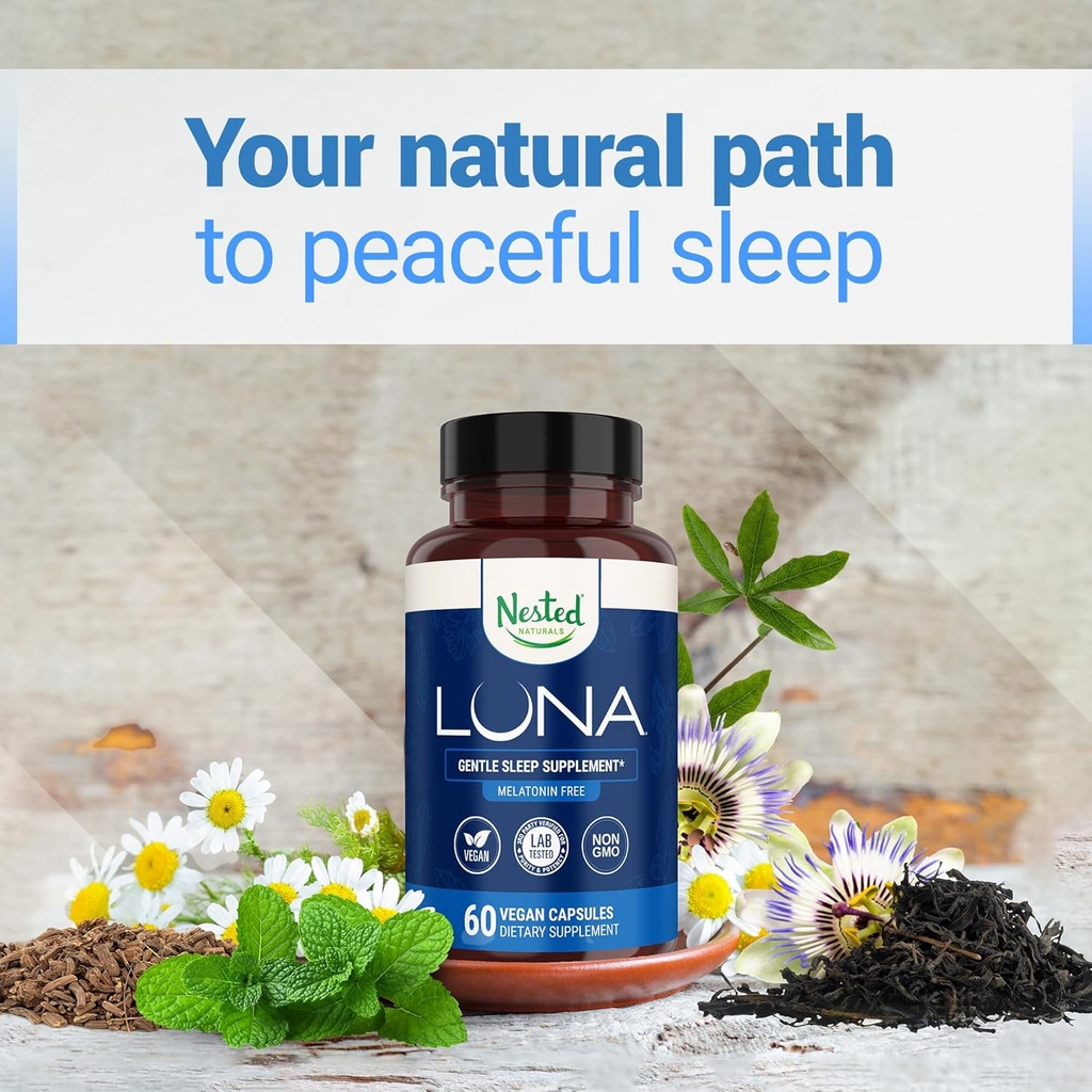 Nested Naturals Luna Sleep Supplement, Melatonin Free, Non-Habit Forming Herbal Sleep Supplement, Adult Bedtime Support, Help Sleeping w/Chamomile, Valerian, L-Theanine, 60 Vegan Capsules 6