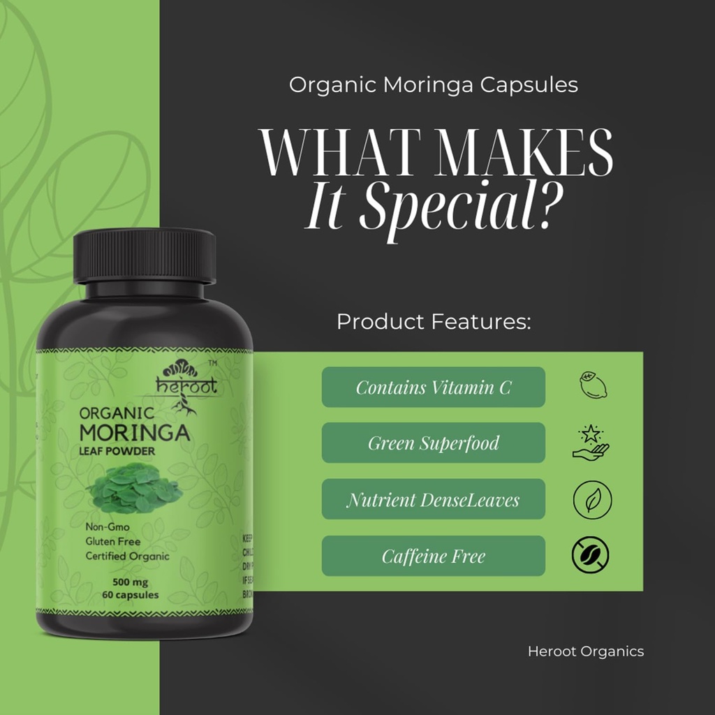 Organic Moringa Capsules | Green Moringa Leaf Supplement for Energy, Metabolism & Immune Support – 120 Capsules, Natural Superfood 5