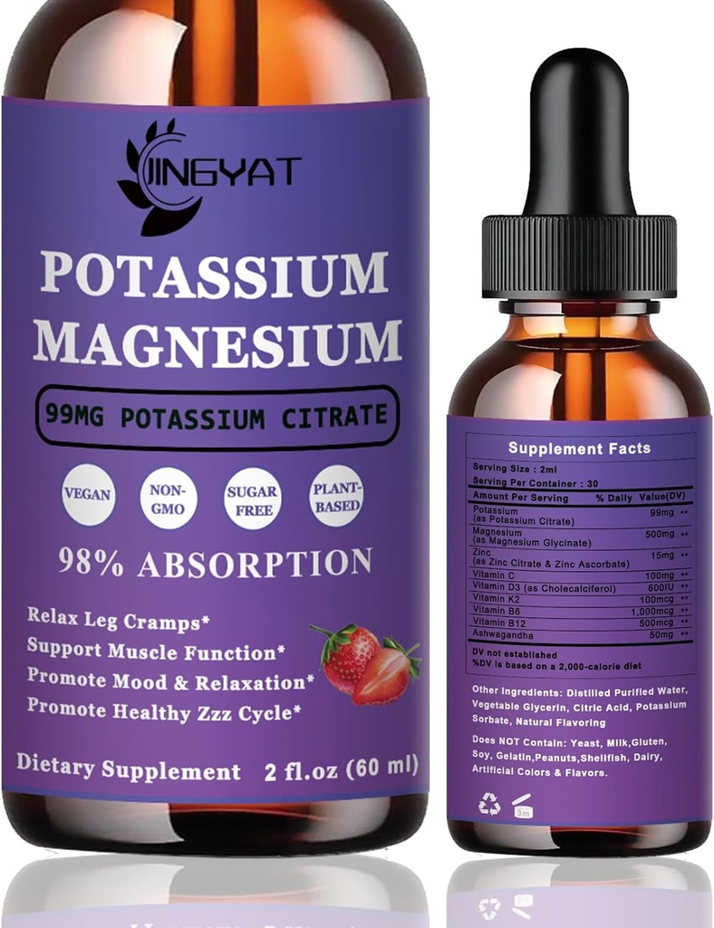 Potassium Magnesium Supplement Liquid Drops - Non-GMO & Gluten Free - High Absorption Magnesium Complex Potassium Citrate 99mg, Zinc, Vitamins C, D3, Complex B for Bone, Heart, Muscle & Nerve 2