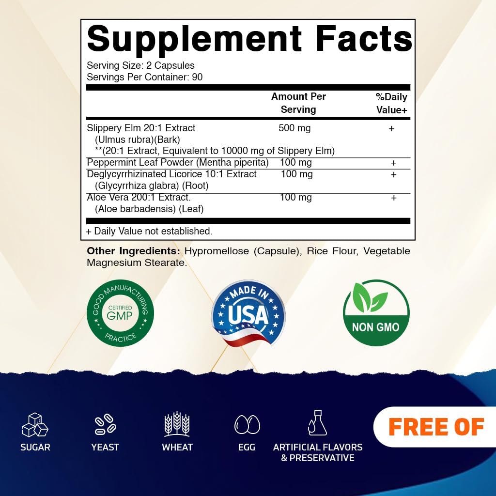 Vitamatic Slippery Elm Bark 10000 mg Equivalent Per Serving (from 20:1 Extract 500 mg), Made with Peppermint, DGL, & Aloe Vera - 180 Veg Capsules, and Concentrated 20X Potency 3