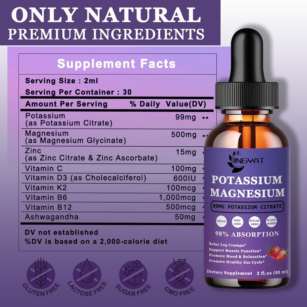 Potassium Magnesium Supplement Liquid Drops - Non-GMO & Gluten Free - High Absorption Magnesium Complex Potassium Citrate 99mg, Zinc, Vitamins C, D3, Complex B for Bone, Heart, Muscle & Nerve 3
