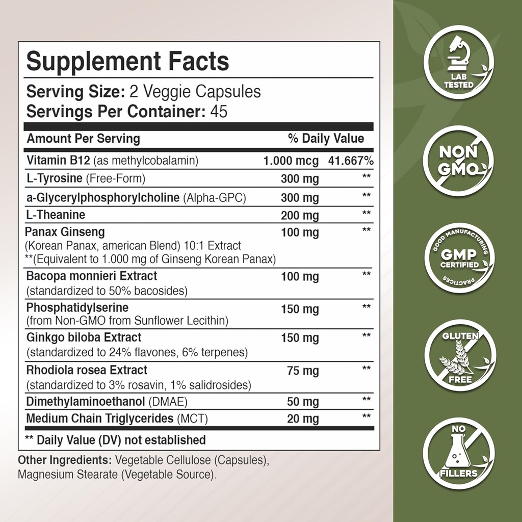 Gade Nutrition Alpha GPC + Ginkgo Biloba + Panax Ginseng + L- Tyrosine, L-Theanine, Bocopa Monnieri, Rhodiola Rosea, B12, MCT 5