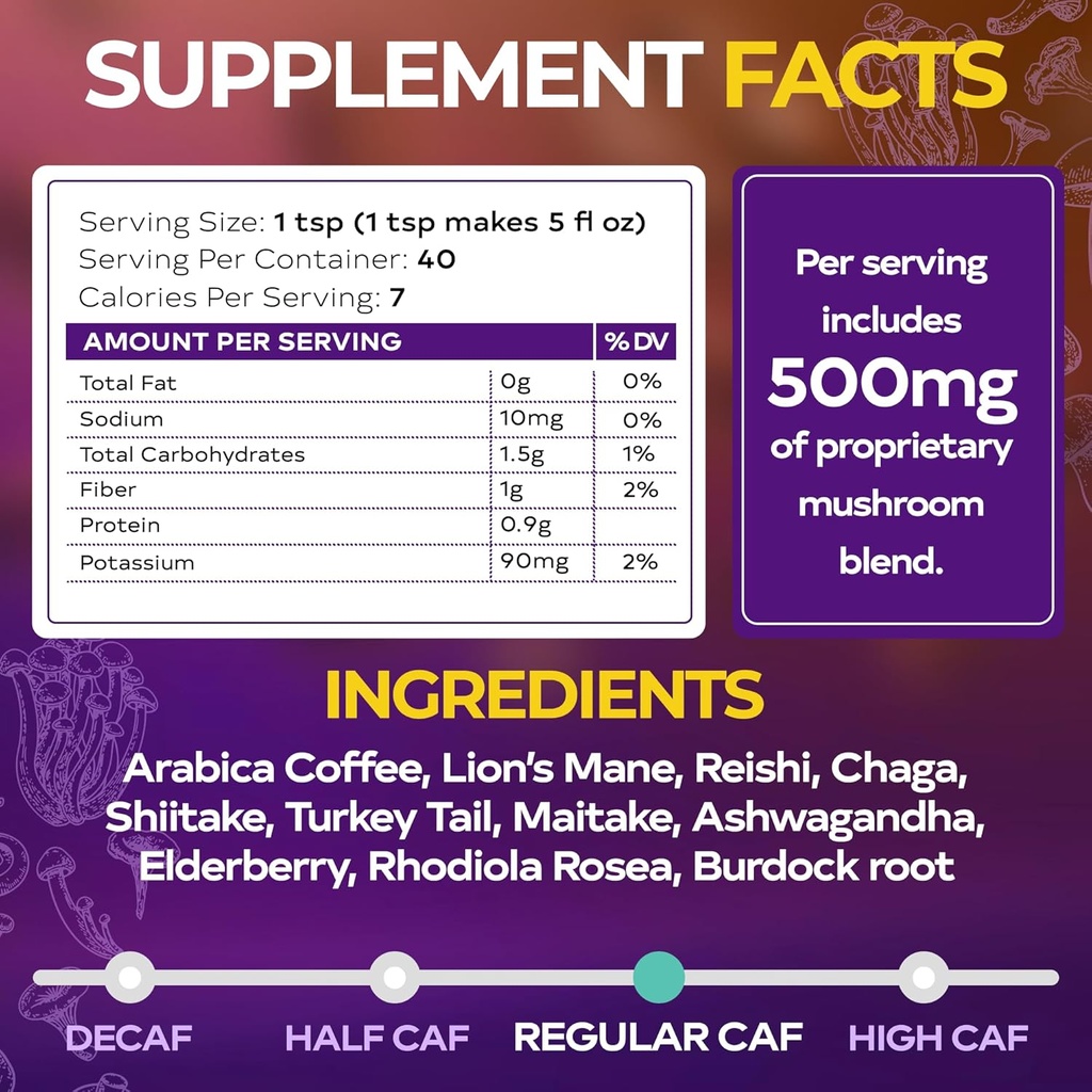 WIXAR Superfood Mushroom Coffee - Instant Coffee Powder, Ten Superfood Extracts with Lion's Mane, Turkey Tail, Reishi, Chaga, Shiitake, Ashwagandha, Rhodiola Rosea, Elderberry, 5oz Mushroom Supplement 4