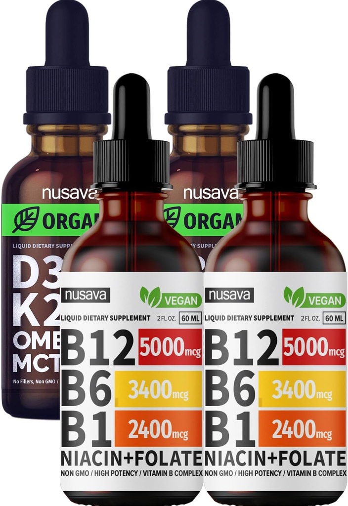 NUSAVA Vitamin B12 Liquid Drops and Unflavored D3 K2 Bundle - Potent Liquid Vitamins for Heart, Joint, Energy, & Immune Support - Non-GMO, Gluten-Free, 2pk Each 2