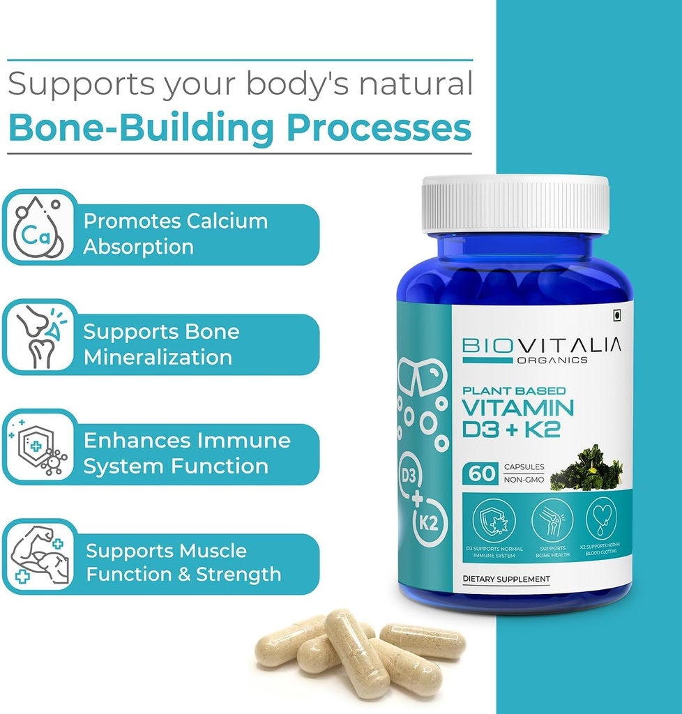 Biovitalia Plant Based Vitamin D3 + K2 60 Capsules for Men & Women | Dietary Supplement | Supports Immune System & Bone Health | Promotes Calcium Absorption - 60 Vegan Capsules 4