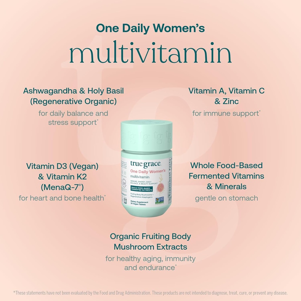 True Grace One Daily Women’s Multivitamin Fermented Minerals, Organic Adaptogens & Mushrooms Whole Body Balance, Immune, Energy, Beauty Support - Non-GMO, Gluten Free, Soy Free - 30 Vegan Tablets 4