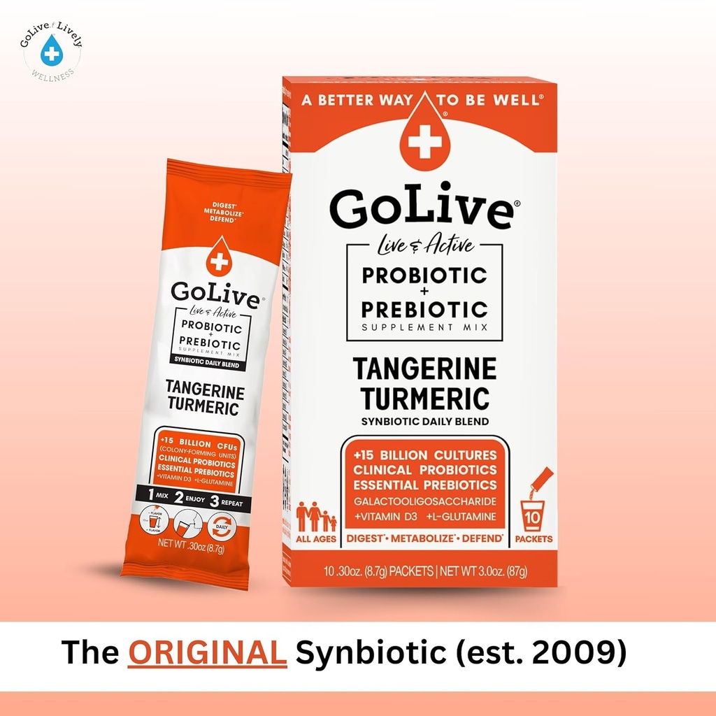 GoLive Prebiotic and Probiotic for Women, Men, Kids. Tangerine Turmeric Synbiotic Powder w/ L-Glutamine, Vitamin D3, Electrolytes. For Gut Health, Digestion, Metabolism, Immunity 15-50B CFUs. 3