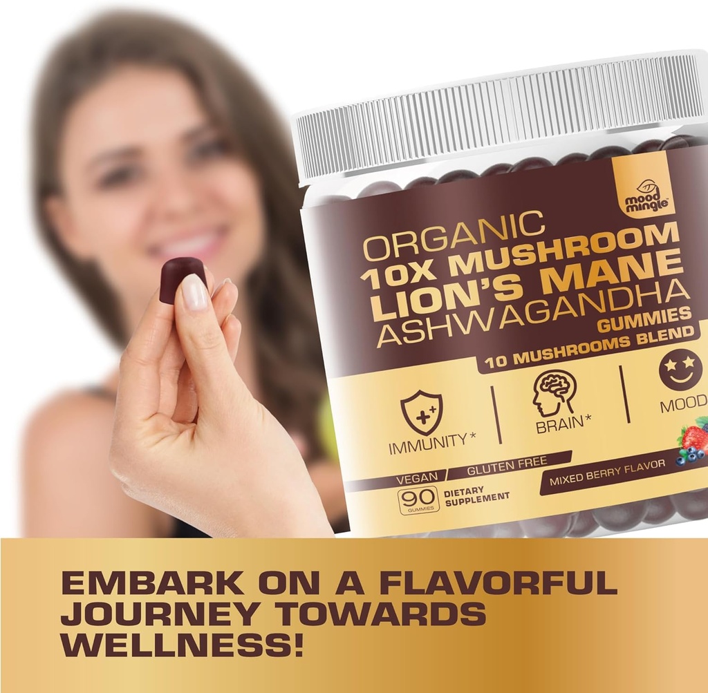 Organic 10X Lion’s Mane Mushroom Gummies for Kids Adults (4350mg) - Gluten Free Daily Supplement Complex Blend with Reishi Turkey Tail Shiitake 6