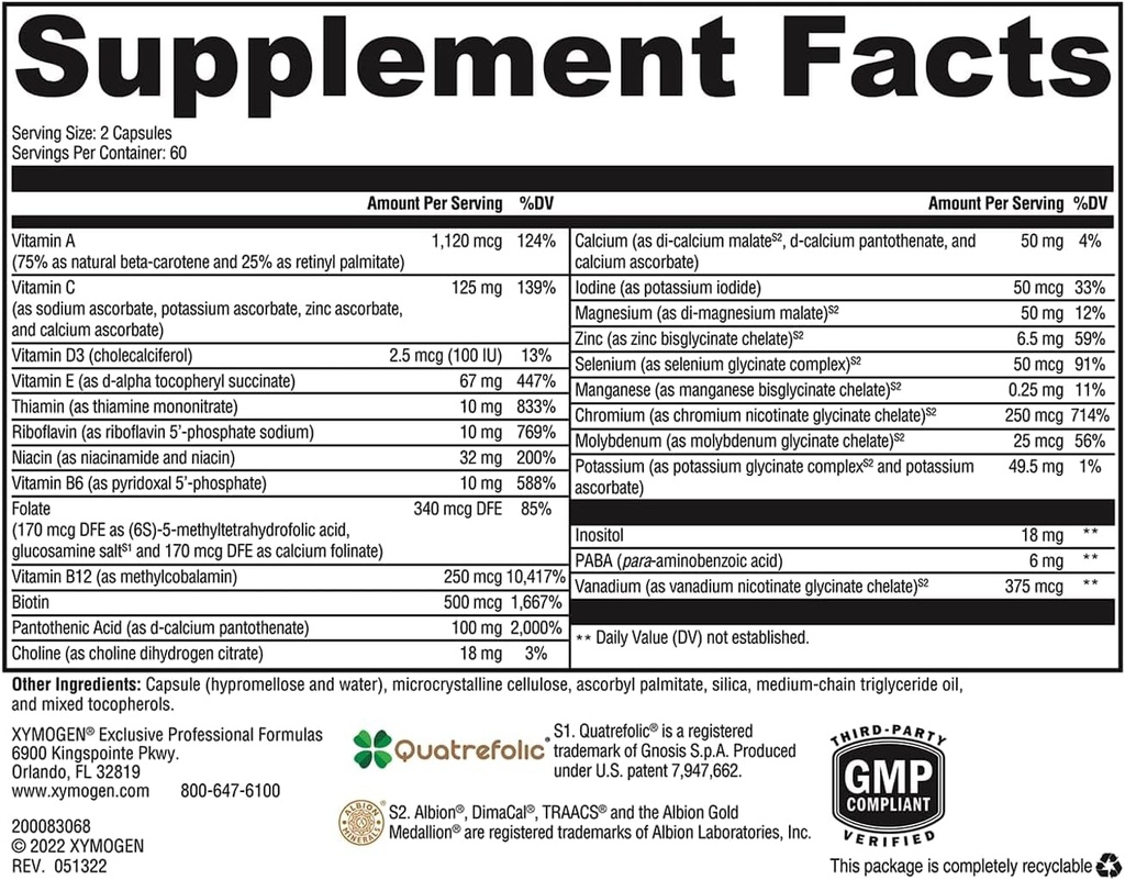 XYMOGEN ActivNutrients Without Copper & Iron - Multimineral Multivitamin for Men + Women with Folate, B12, Zinc and Vitamin C, Beta Carotene, Selenium Supplement - Daily Multivitamin (120 Capsules) 4