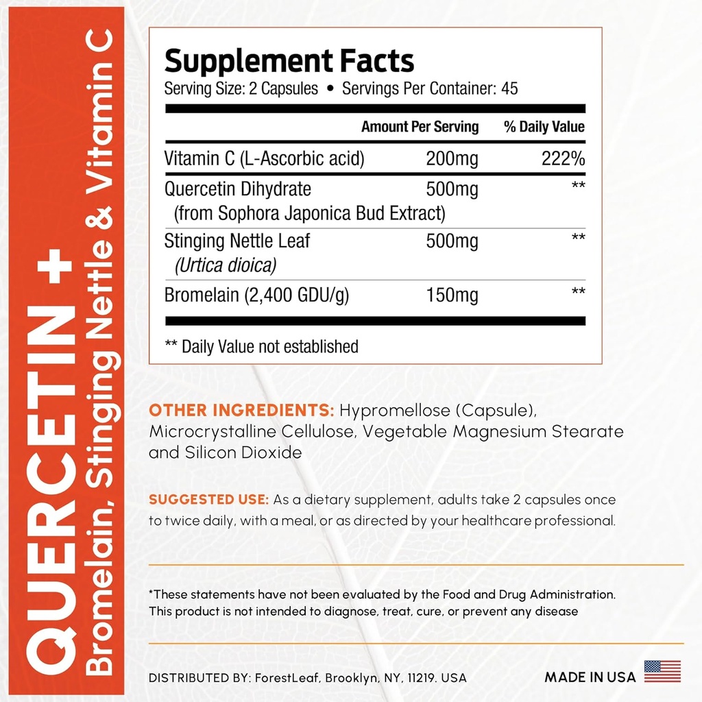 ForestLeaf Quercetin with Bromelain - 1350mg Blend with Vitamin C & Stinging Nettle, Advanced Quercetin 500mg Supplement, Non-GMO Gluten Free, Natural Immune & Respiratory Function 180 Veggie Capsules 4