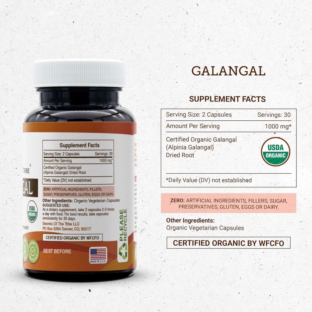 Secrets of the Tribe Galangal 60 Capsules, 1000 mg, USDA Organic Galangal (Alpinia Galangal) Dried Root (60 Capsules) 5