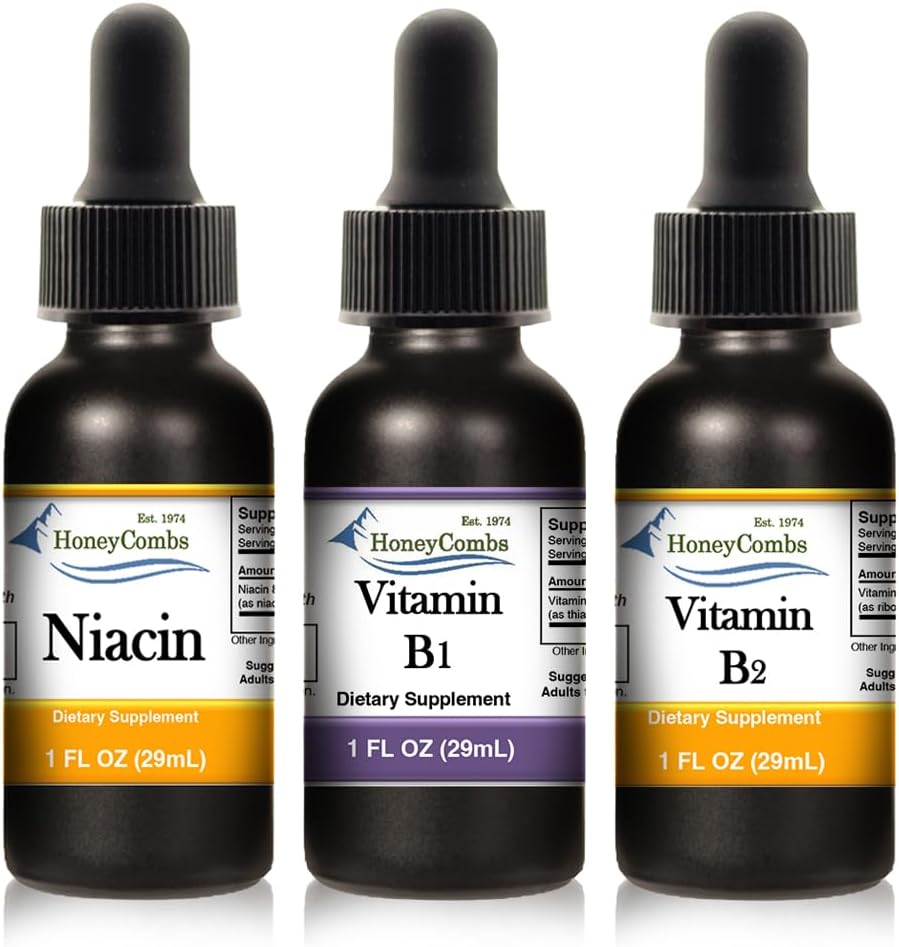 HoneyCombs Liquid Drops 1oz Each Save 10% - Vitamin B2 (Riboflavin) + High Potency Thiamine Vitamin B1 Extract + Vitamin B3-Niacin 2