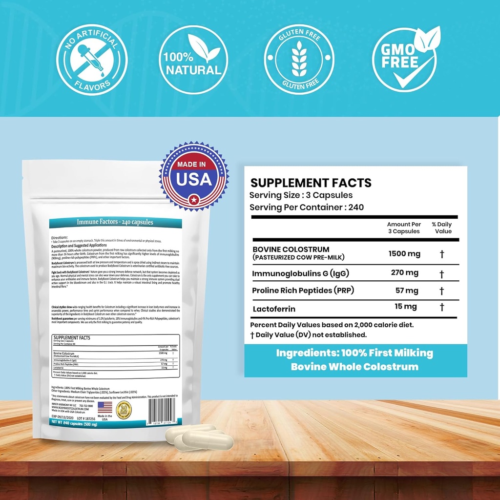 BodyBoost Colostrum Capsules (240) - Immune Booster Supplement with Immunoglobulin & Lactoferrin, Grass-fed Bovine Colostrum Capsule, 100% Bovine Colostrum, Super Food for Gut Health,Diverse Intake 3