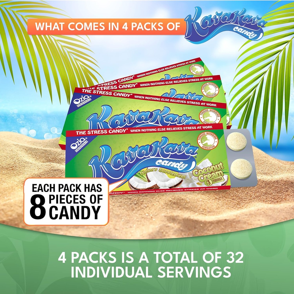 Kava Kava Candy - 8 Kava Candies Per Pack, Kava Extract Stress Relief Supplement, Natural Kava Root Chill Happy Pill, Encourages Positive Mood - Coconut Cream Flavor, 4 Packs 5