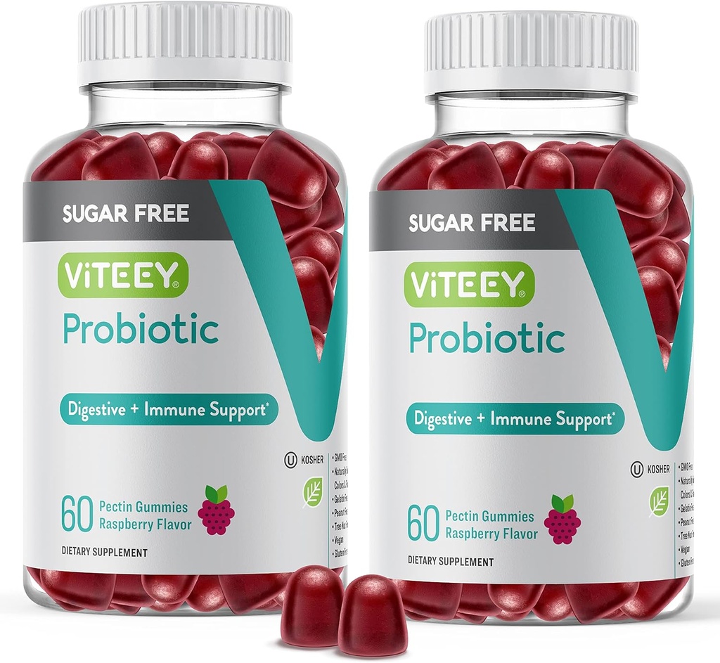 Viteey Probiotic Gummies for Women, Men & Teens, 2 Billion CFUs - Sugar Free - Immune Booster, Digestive Support, Gut Health - Vegan, Gelatin Free, GMO Free - Tasty Chewable Raspberry Flavored Gummy 2